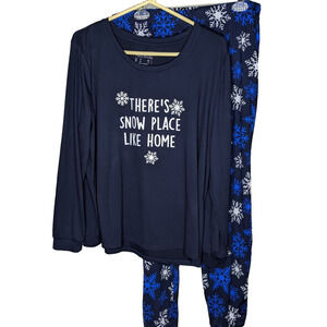 AnyBody Womens Med Pajamas Snowflake Set Soft Stretchy Navy Blue White